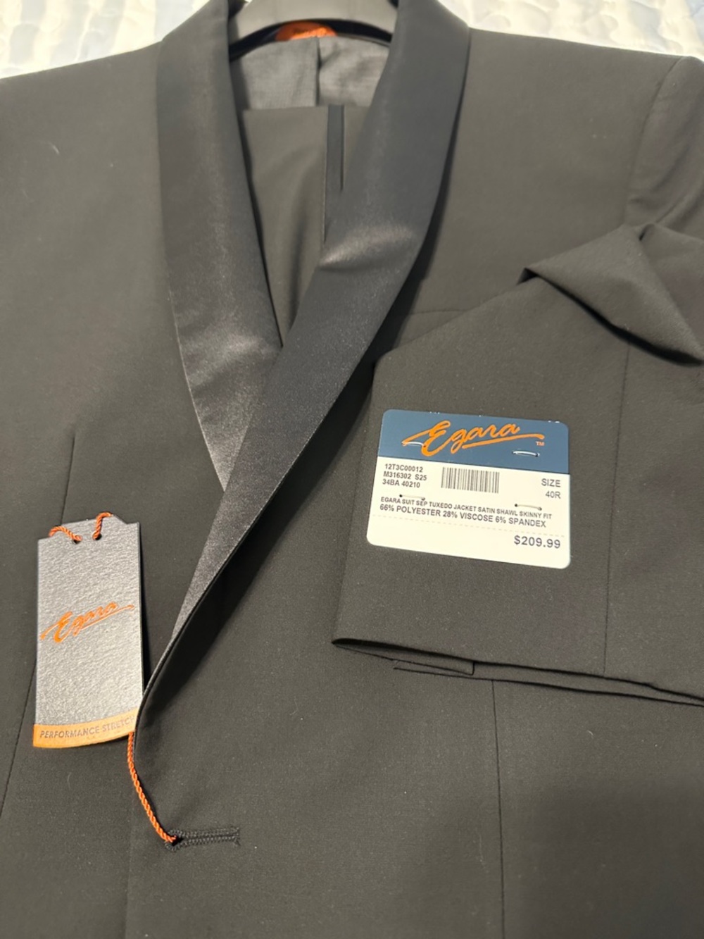 NWT Egara Black Satin Lapel Tuxedo Jacket